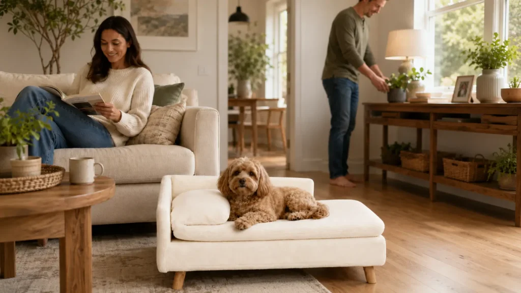Small dog relaxing on a raised pet sofa bed in a modern living room.