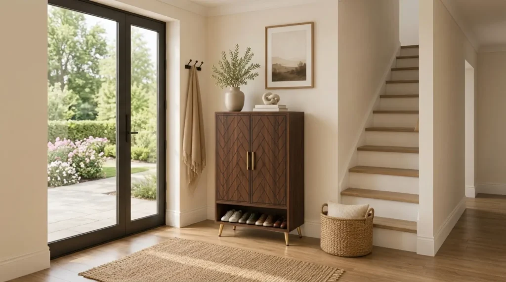 Herringbone storage cabinet placed in a bright entryway beside a staircase with natural wood finishes.