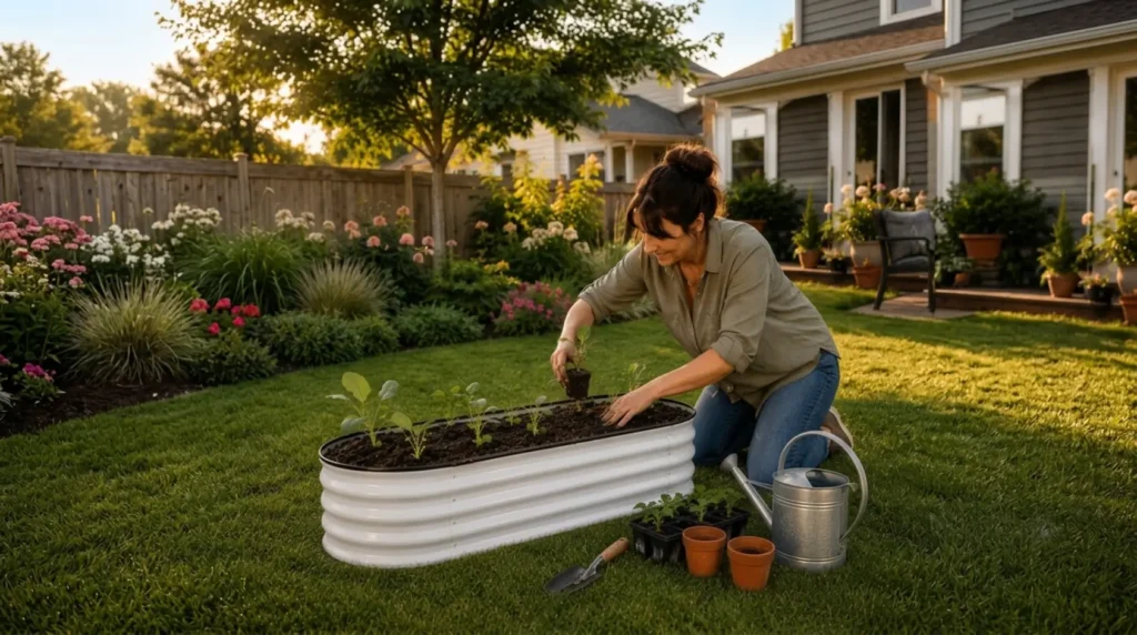 Person planting vegetable seedlings in a white oval raised garden bed in a backyard garden.